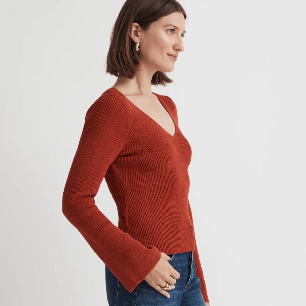 MADEWELL Flared-Sleeve V-Neck Sweater Etruscan Clay M Med